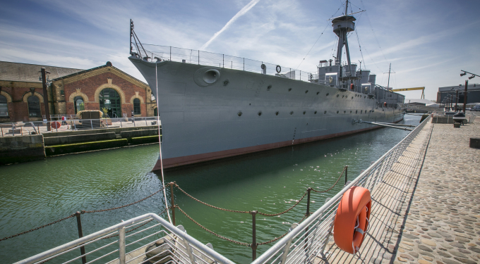 HMS Caroline is a First World War ship and image shows her at her berth in Belfast